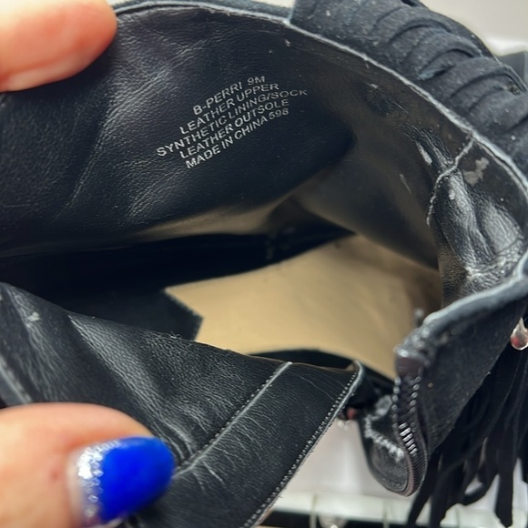 Brian Atwood Sz 9 Perri Black Suede Fringe Firing Booties Metal Detail 2.5” Heel - Picture 8 of 10